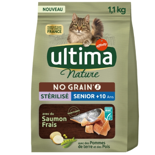Croquettes pour Chat Senior 10+ Stérilisé Sans Céréales Saumon Frais Nature ULTIMA