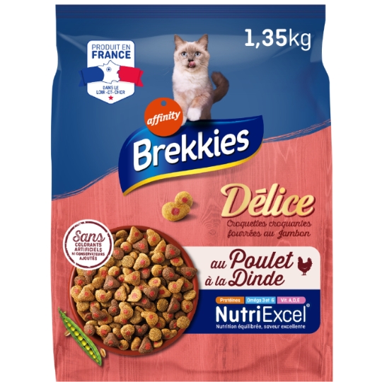Croquettes Pour Chat Adulte Fourrées Jambon Poulet Dinde Légume BREKKIES