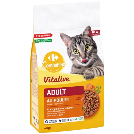 Croquettes pour chats adultes au poulet et aux légumes Pour Chat Adulte Volaille Carotte Pois Vitalive COMPANINO