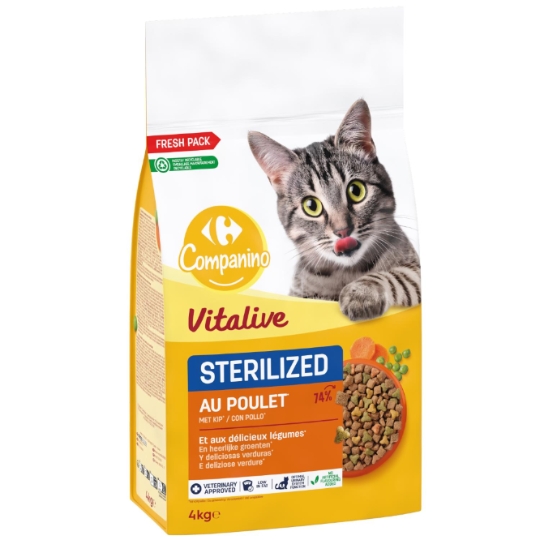 Croquettes pour chats adultes stérilisés au poulet et aux légumes Pour Chat Adulte Stérilisé Volaille Carotte Pois Vitalive COMPANINO