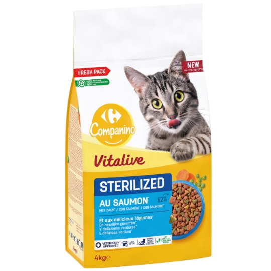 Croquettes au saumon et légumes pour chats adultes stérilisés Pour Chat Adulte Stérilisé Saumon Carotte Pois Vitalive COMPANINO