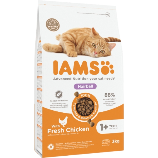 Croquettes pour Chat Adultes Séniors Anti-Boules de Poils Poulet IAMS