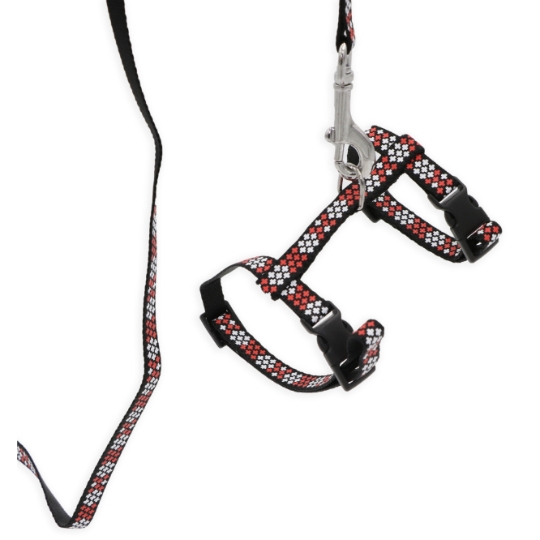 Harnais et Laisse Motif Fleurs Noir Rouge et Blanc CHAPUIS SELLERIE
