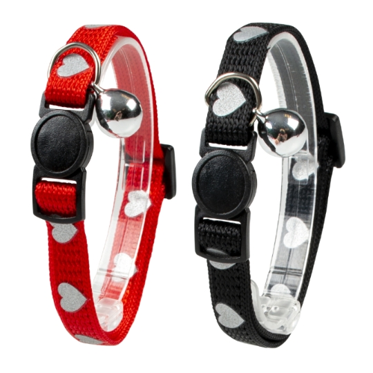 Collier pour Chats Coeurs Réfléchissant 24-30cm / 10mm Noir/Rouge DUVOPLUS