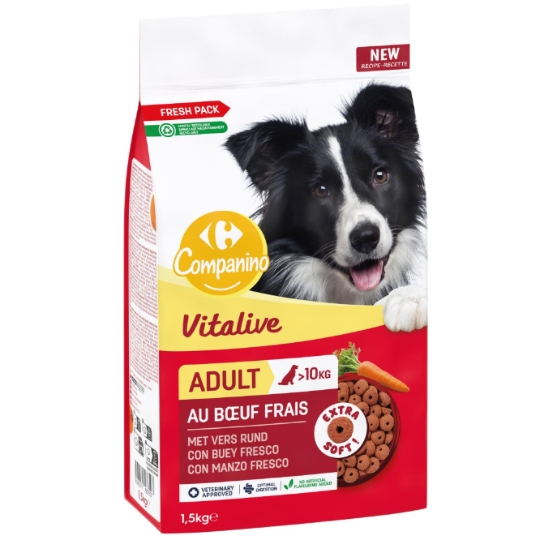 Croquettes pour Chien Adulte Médium Maxi >10kg Moelleuses Digestion Bœuf Frais Carottes Vitalive CARREFOUR COMPANINO