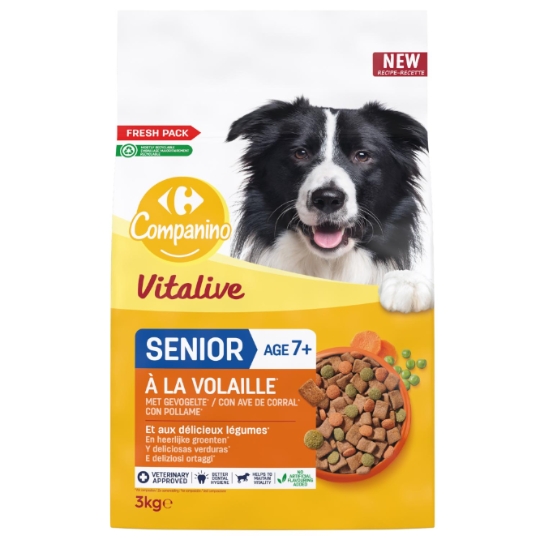 Aliment complet pour chiens seniors senior, à la volaille et aux délicieux légumes et sans arômes artificiels ajoutés COMPANINO