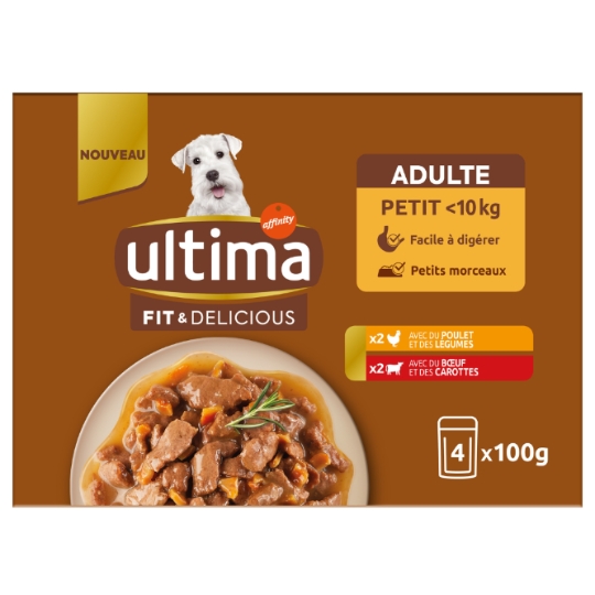 Pâtée pour Chien Adulte Petit < 10kg en Sauce Poulet Boeuf ULTIMA
