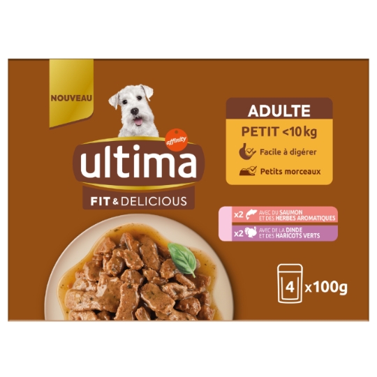 Pâtée pour Chien Adulte Petit < 10kg en Sauce Saumon Dinde ULTIMA