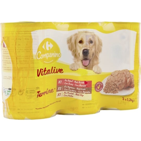 Pâtée Pour Chien Adulte Terrine Boeuf Agneau Poulet Vitalive CARREFOUR COMPANINO
