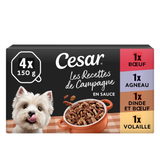 Pâtée Pour Chien Adulte Petit < 10kg Sauce Volaille Boeuf Dinde Agneau Les Recettes De Campagne CESAR