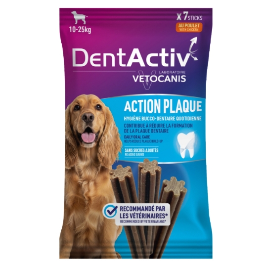 Friandises pour Chien Adulte Moyen 10-25kg Action Plaque Hygiène Bucco-Dentaire Poulet DentActiv VETOCANIS