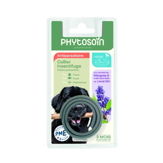 Collier Insectifuge Antiparasitaire Chien +20kg Margosa & Lavandin 60cm PHYTOSOIN