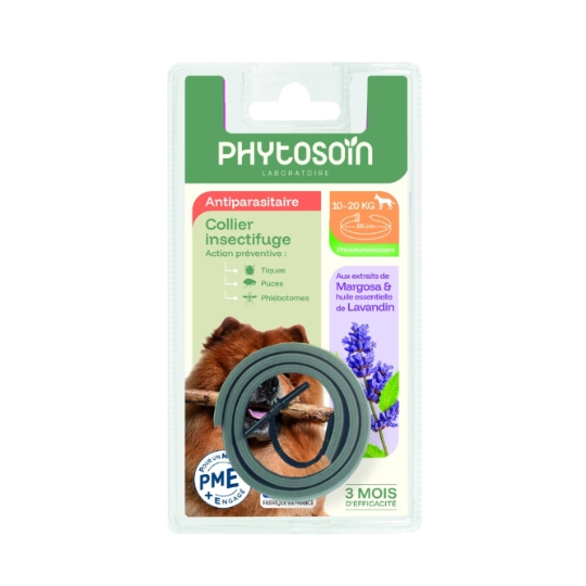 Collier Insectifuge Antiparasitaire Chien 10-20kg Margosa & Lavandin Photoluminescent 55cm PHYTOSOIN