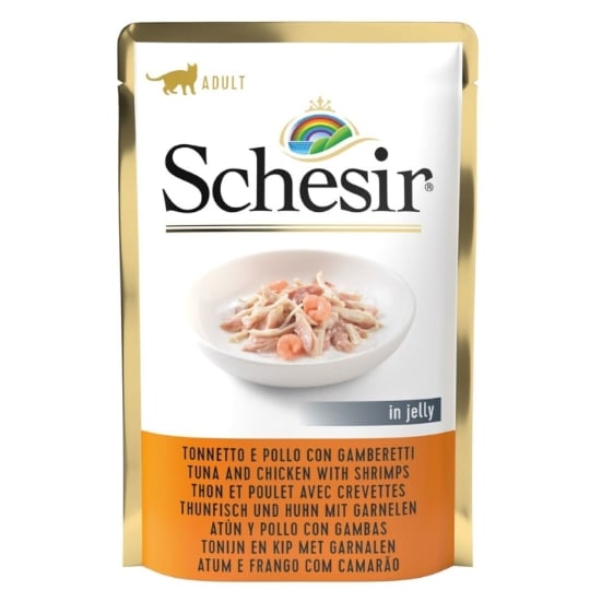 Schesir Chat Filets En Gelée Sachet 85 G - Thon Et Poulet Avec Crevettes SCHESIR