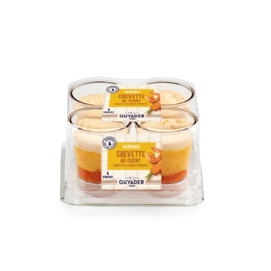 Verrines crevettes au curry, carottes confites et crème pimentée GUYADER