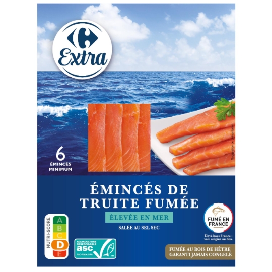 Émincés de truite fumée élevée en mer, salée au sel sec, fumée au bois de hêtre CARREFOUR EXTRA