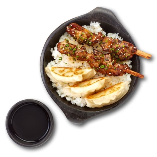 Plat cuisiné brochettes poulet yakitori et gyoza IZAKAYA