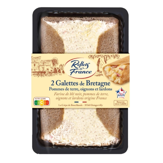 Galettes de blé noir garnies de pommes de terre, oignons de Roscoff et lardons cuits fumés REFLETS DE FRANCE