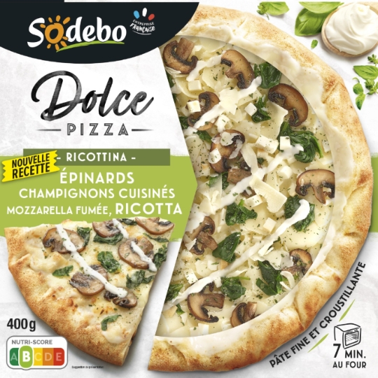 Pizza Dolce Ricottina Champignons Cuisinés, Epinards, Ricotta & Mozzarella Fumée SODEBO