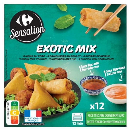Assortiment de nems, samoussas et accras au porc, au poulet et sans conservateurs CARREFOUR SENSATION