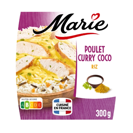 Plat cuisiné poulet sauce curry et lait de coco riz basmati et sauvage MARIE