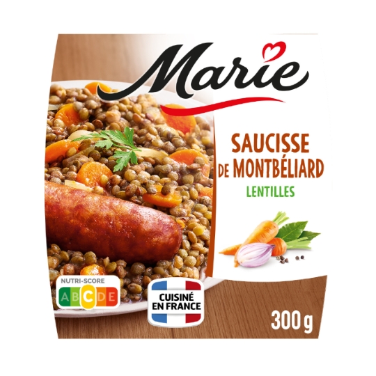 Plat cuisiné saucisse Montbéliard/lentilles MARIE