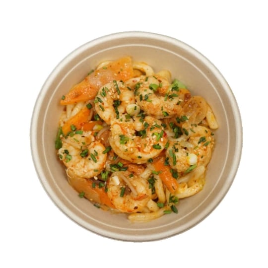 Plat cuisiné crevettes ail piment Udon BAMBU