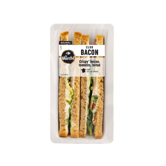Sandwich bacon fumé, tomates, laitue et mayonnaise. CARREFOUR