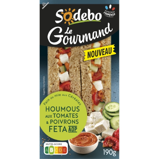 Sandwich Gourmand Club Pain De Mie Aux Céréales Houmous Aux Tomates Et Poivrons Féta SODEBO