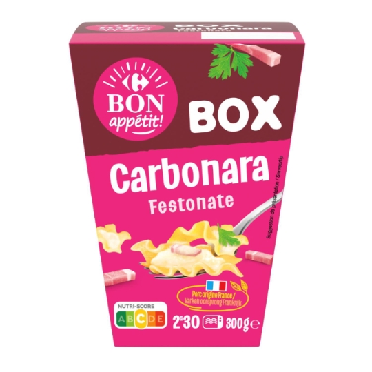 Pâtes alimentaires aux œufs, aux lardons cuits fumés et à la crème fraîche CARREFOUR BON APPETIT !