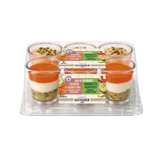 Assortiment verrines 3 saumon fromge concombre et 3 courgettes façon pesto chèvre GUYADER