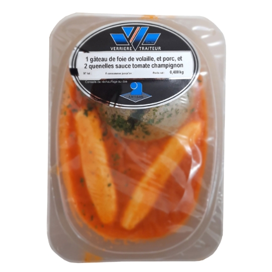 Plat Traiteur Gâteau de Foie de Volaille et Porc, Quenelles Sauce Tomate Champignon VERRIERE TRAITEUR