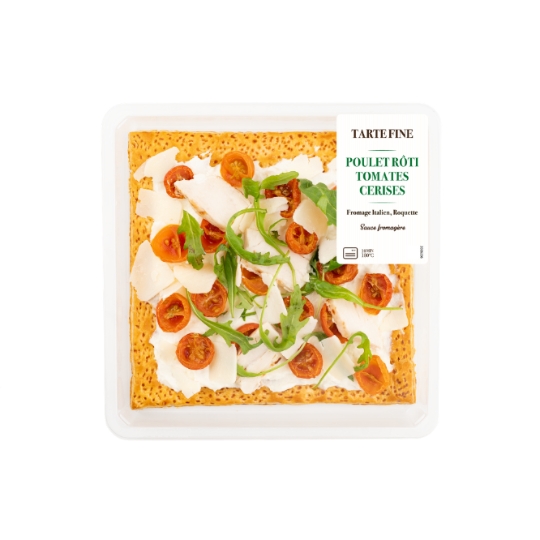 Tarte Fine Garnie de Poulet Rôti, de Tomates, de Cerises d'une Sauce Fromagère, de Fromage Italien et de Roquette MIX BUFFET