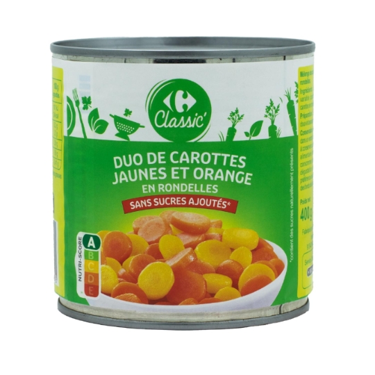 Duo de carottes jaunes et orange en rondelles sans sucres ajoutés CARREFOUR CLASSIC'