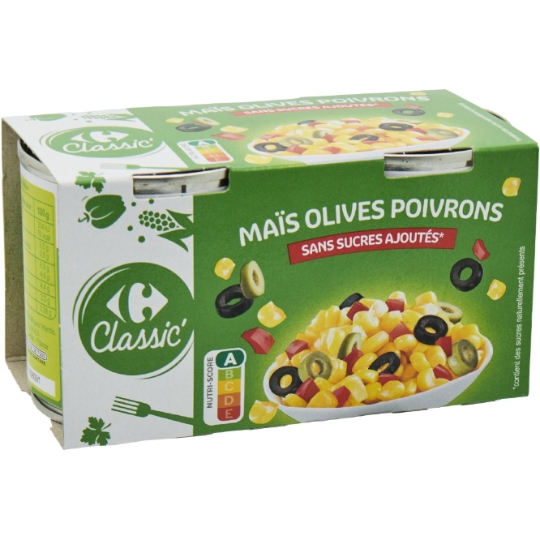 Mélange de légumes à base de maïs avec olives vertes, olives noires et poivrons rouges sous vide CARREFOUR CLASSIC'