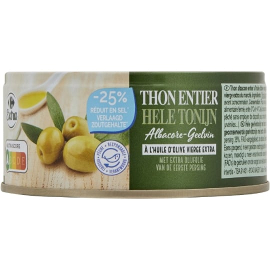 Thon Entier Albacore à l'Huile d'Olive Vierge Extra -25% de Sel CARREFOUR EXTRA