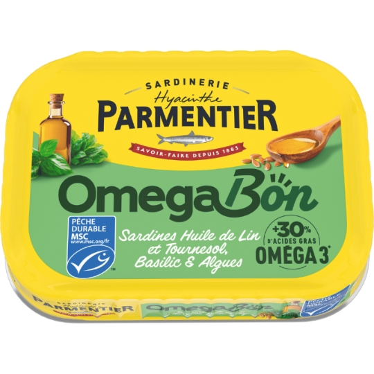 Sardines entières à L'huile de Lin et Tournesol Basilic & Algues Oméga Bon PARMENTIER