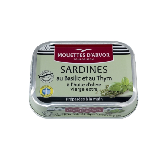 Sardines à l'Huile d'Olive Vierge Extra Basilic et Thym MOUETTES D'ARVOR