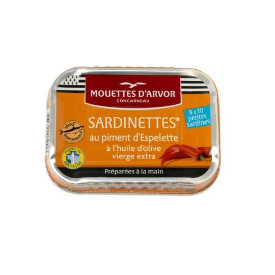 Sardines Petites à l'Huile d'Olive Vierge Extra et Piment d'Espelette MOUETTES D'ARVOR
