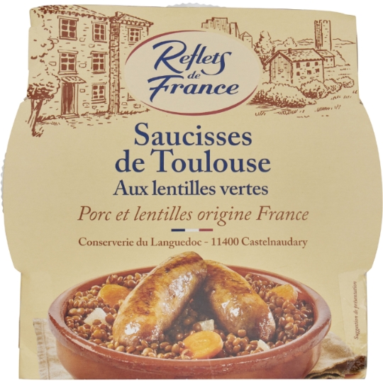Plat cuisiné saucisses Toulouse lentilles REFLETS DE FRANCE