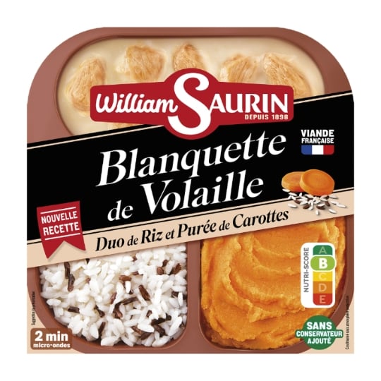 Plat cuisiné blanquette de volaille duo de riz et purée de carottes WILLIAM SAURIN