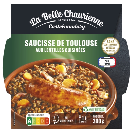 Plat cuisiné saucisse de Toulouse/lentilles LA BELLE CHAURIENNE
