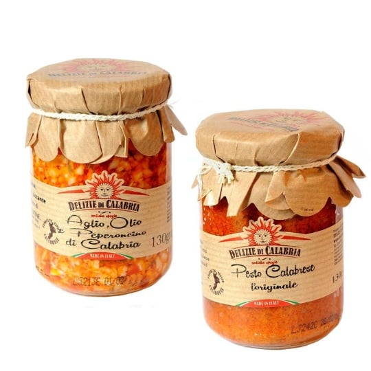 Les Deux Sauces Delizie Di Calabria: Pesto Calabrese Et Ail, Huile Et Piment Rouge 130 Gr X 2 DELIZIE DI CALABRIA