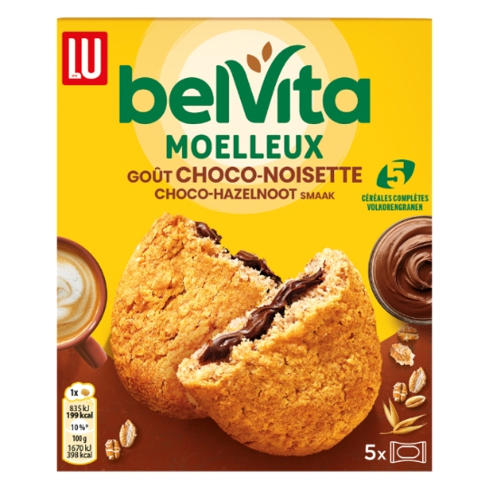 Biscuits petit déjeuner moelleux goût choco noisette Belvita LU