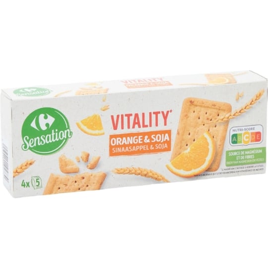 Biscuits  au soja et à l'orange déshydratée, source de magnésium et de fibres. CARREFOUR SENSATION