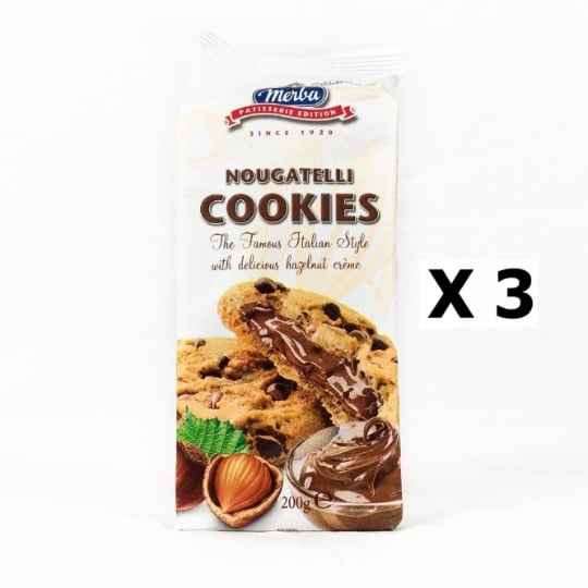 Lot 3x Cookies Pépite Chocolat Fourrage Noisette - Merba Nougatelli - Paquet 200g MERBA NOUGATELLI