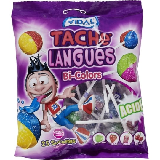 Bonbons sucettes bi colors acide TACHE LANGUES