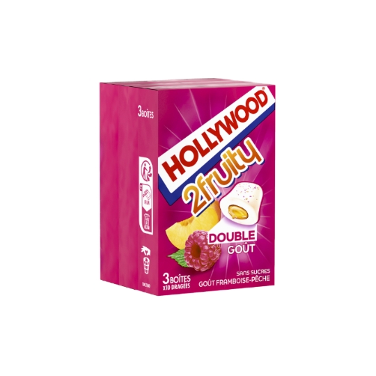 Chewing gum 2 fruity framboise pêche sans sucres HOLLYWOOD