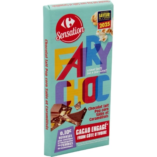 Tablette de chocolat Lait Fairy Choc Pop Corn Salés et Caramélisés CARREFOUR SENSATION