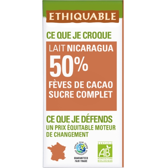 Chocolat au Lait du Nicaragua 50% Fèves de Cacao Sucre Complet Bio ETHIQUABLE